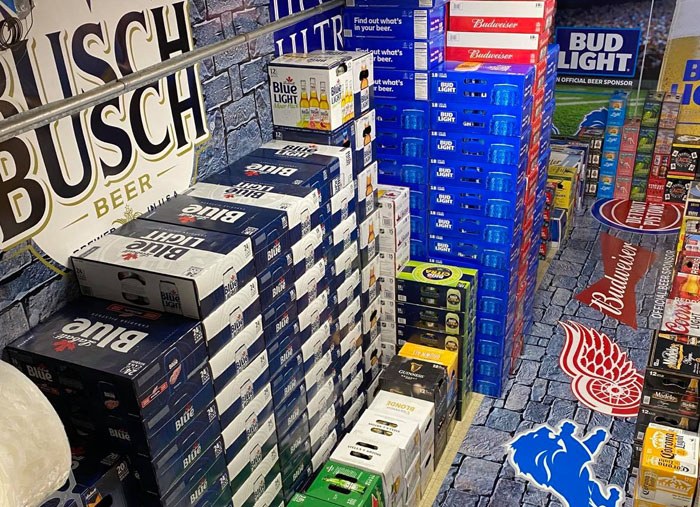 Cases of beer stocked at Benstein Liquor